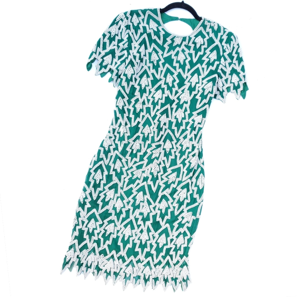Vintage Green White Pearl Beaded Keyhole Dress